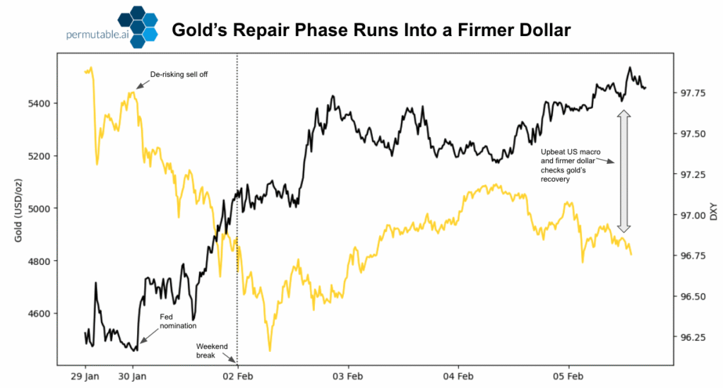Gold price and US dollar index line chart showing gold’s rebound stalling as dollar strength and higher real yields pressure the recovery during early February