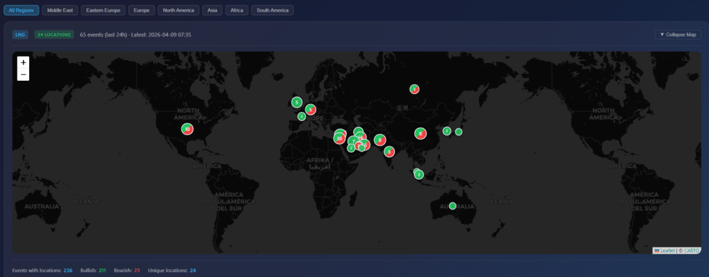 World map displaying LNG related events with clustered markers indicating bullish and bearish sentiment across regions including the Middle East, Asia, Europe and North America