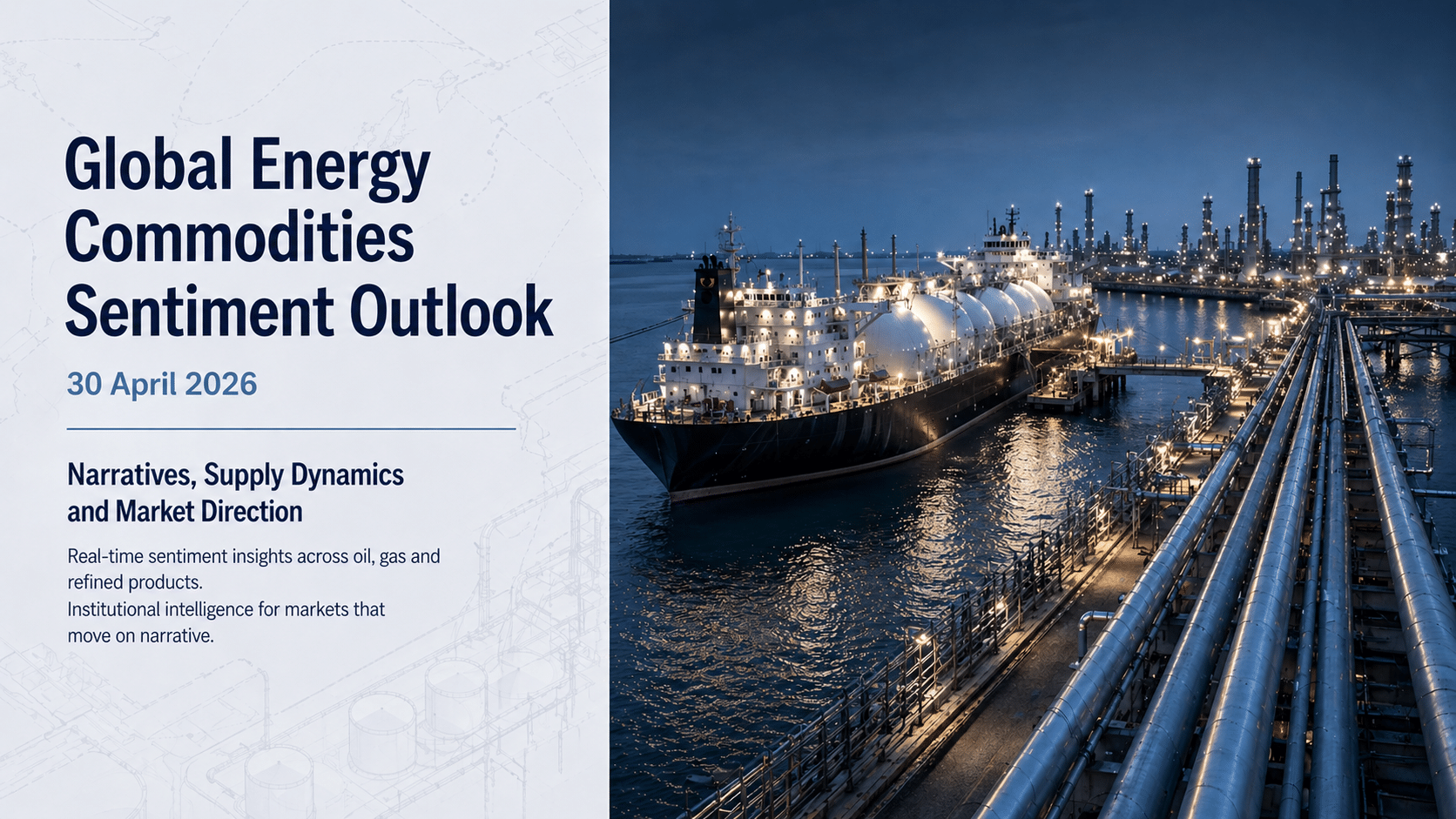 Institutional energy commodities market report cover showing global energy commodities sentiment outlook with oil tanker, refinery infrastructure and pipeline network at night