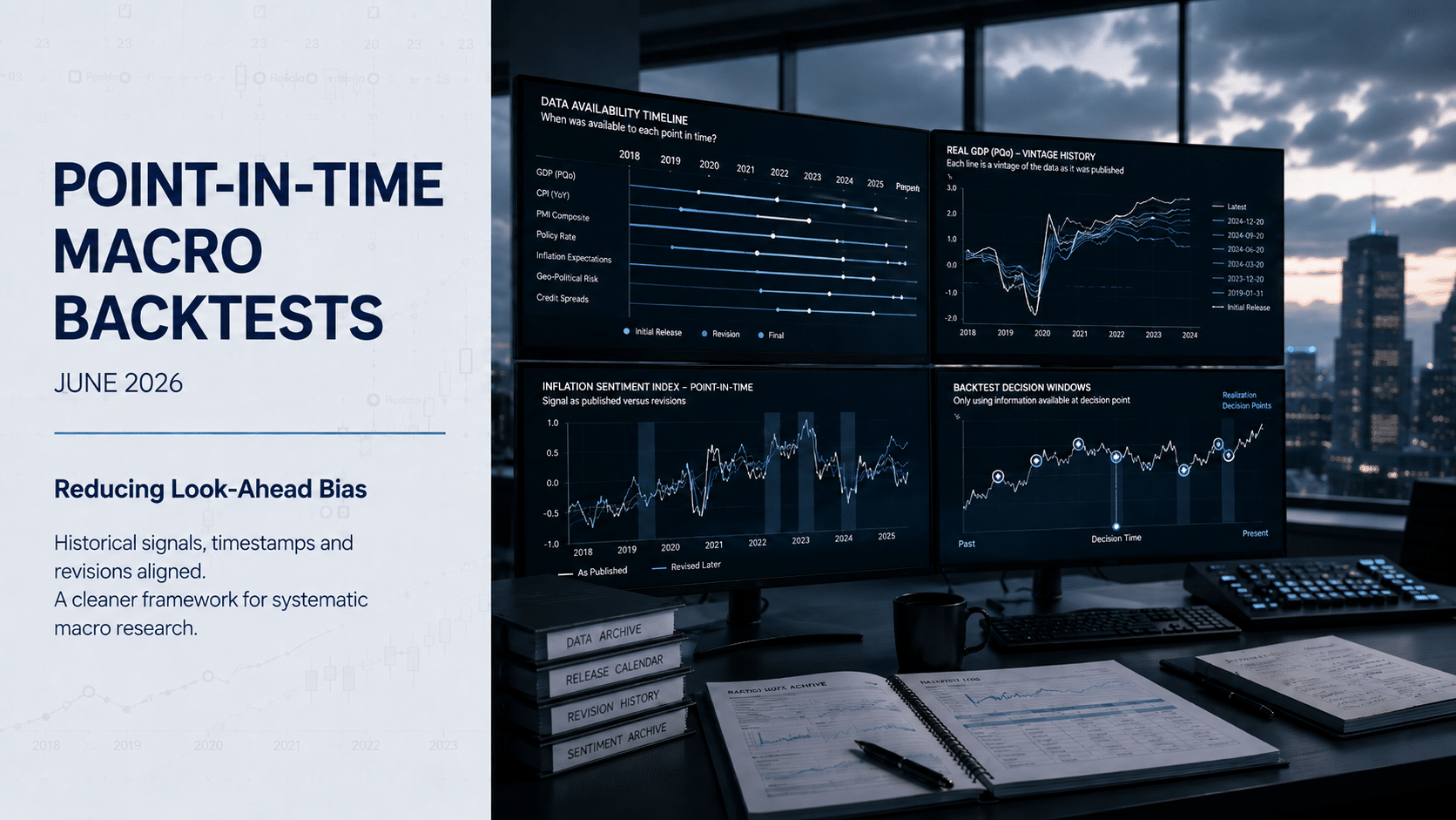 Institutional research cover slide titled “Point-in-Time Macro Backtests” dated June 2026, showing a pale grey text panel beside a dark quant research desk with monitors displaying data availability timelines, macro charts, revision history, inflation sentiment indices and backtest decision windows for systematic macro research.