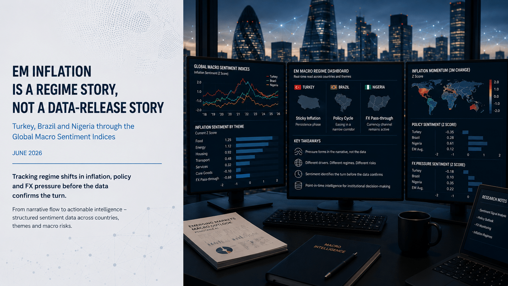 Institutional blog cover showing emerging market inflation regime analysis across Turkey, Brazil and Nigeria, with macro sentiment dashboards tracking inflation, policy and FX pressure before official data confirms the turn.