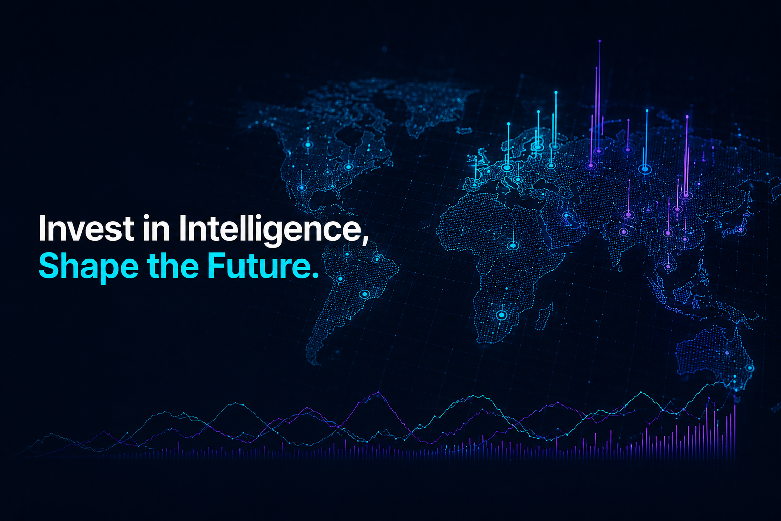 Futuristic hero banner featuring a digital world map with glowing cyan and purple data points, market signals, and intelligence overlays. The image displays the headline “Invest in Intelligence, Shape the Future” against a dark AI-inspired background, representing global market intelligence, alternative data analytics, geopolitical risk monitoring, and real-time decision intelligence.
