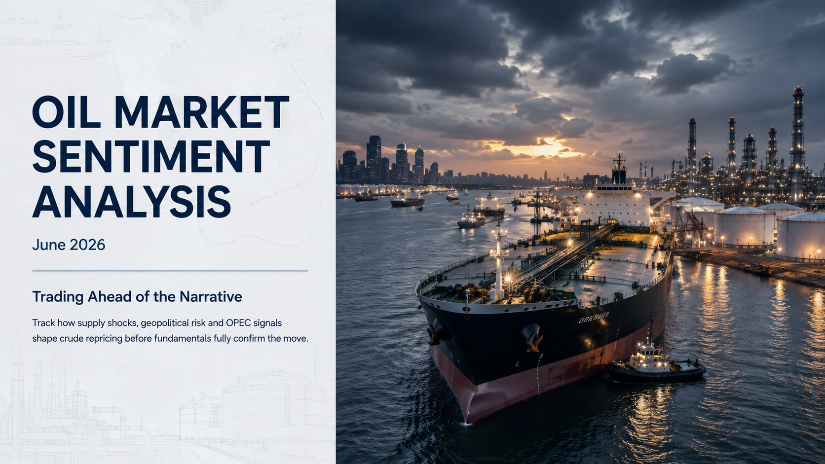 Alt text Institutional research cover for oil market sentiment analysis showing a crude oil tanker, refinery infrastructure and port activity, illustrating how supply shocks, geopolitical risk and OPEC signals can shape crude market repricing.