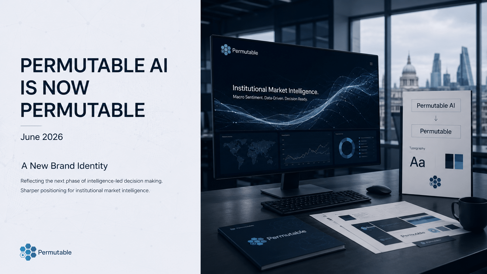 Brand announcement cover image for Permutable showing the headline “Permutable AI is now Permutable” dated June 2026. The image features the Permutable logo, a pale editorial text panel and a dark brand mockup scene with a laptop displaying “Sentiment driven intelligence for global markets”, alongside website, mobile and brand guideline materials.