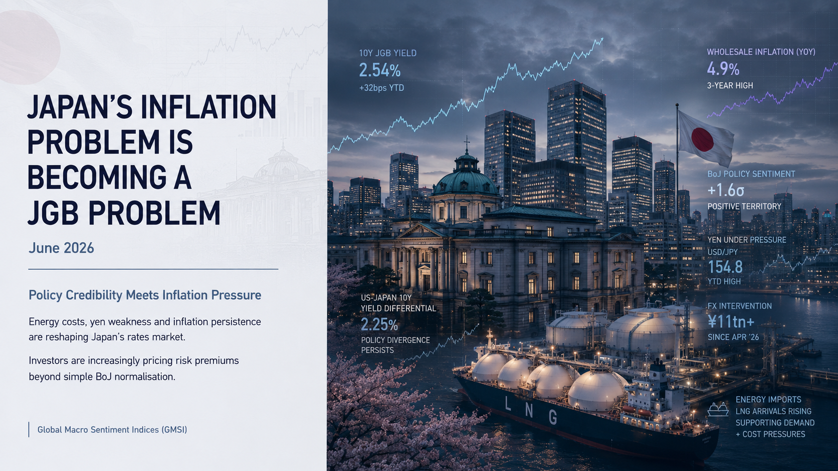Institutional macro research cover slide titled "Japan's Inflation Problem Is Becoming a JGB Problem". The image features the Bank of Japan building and Tokyo financial district alongside an LNG tanker and energy infrastructure. Key indicators show 10-year JGB yields at 2.54%, wholesale inflation at 4.9%, positive BoJ policy sentiment, yen weakness and FX intervention exceeding ¥11 trillion. The visual illustrates how energy costs, imported inflation, currency pressures and monetary policy are driving Japan's bond market repricing.