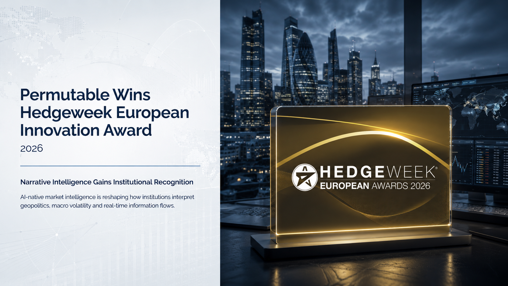 Premium institutional research cover slide announcing Permutable’s Hedgeweek European Awards 2026 Innovation Award win, with a financial district skyline, trading screens and Hedgeweek award graphic.