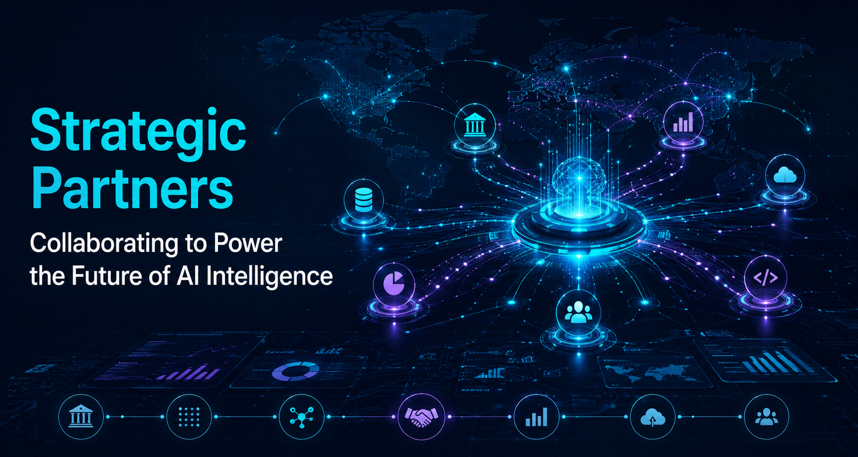 Futuristic AI partnership network visualisation showing a central intelligence hub connected to financial institutions, data providers, enterprise platforms and technology partners through glowing cyan and violet data streams. Set against a global digital map with interconnected nodes, the image features the headline "Strategic Partners – Collaborating to Power the Future of AI Intelligence" and represents collaboration, AI infrastructure, market intelligence and global partner ecosystems.