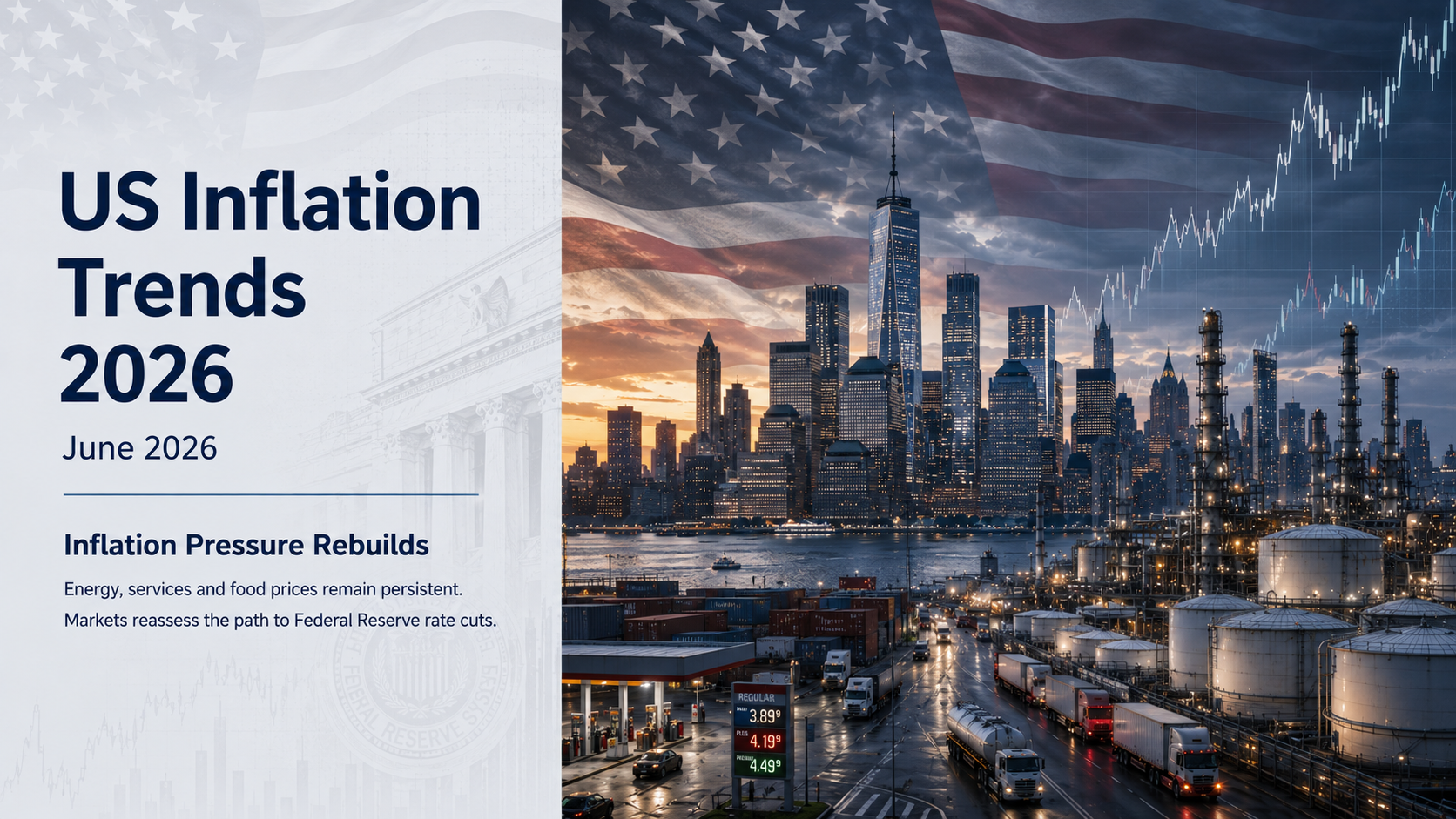 Cover image for a US inflation trends 2026 analysis, showing a US flag, New York skyline, energy infrastructure, fuel prices and market charts to represent inflation pressure and Federal Reserve rate cut risk.