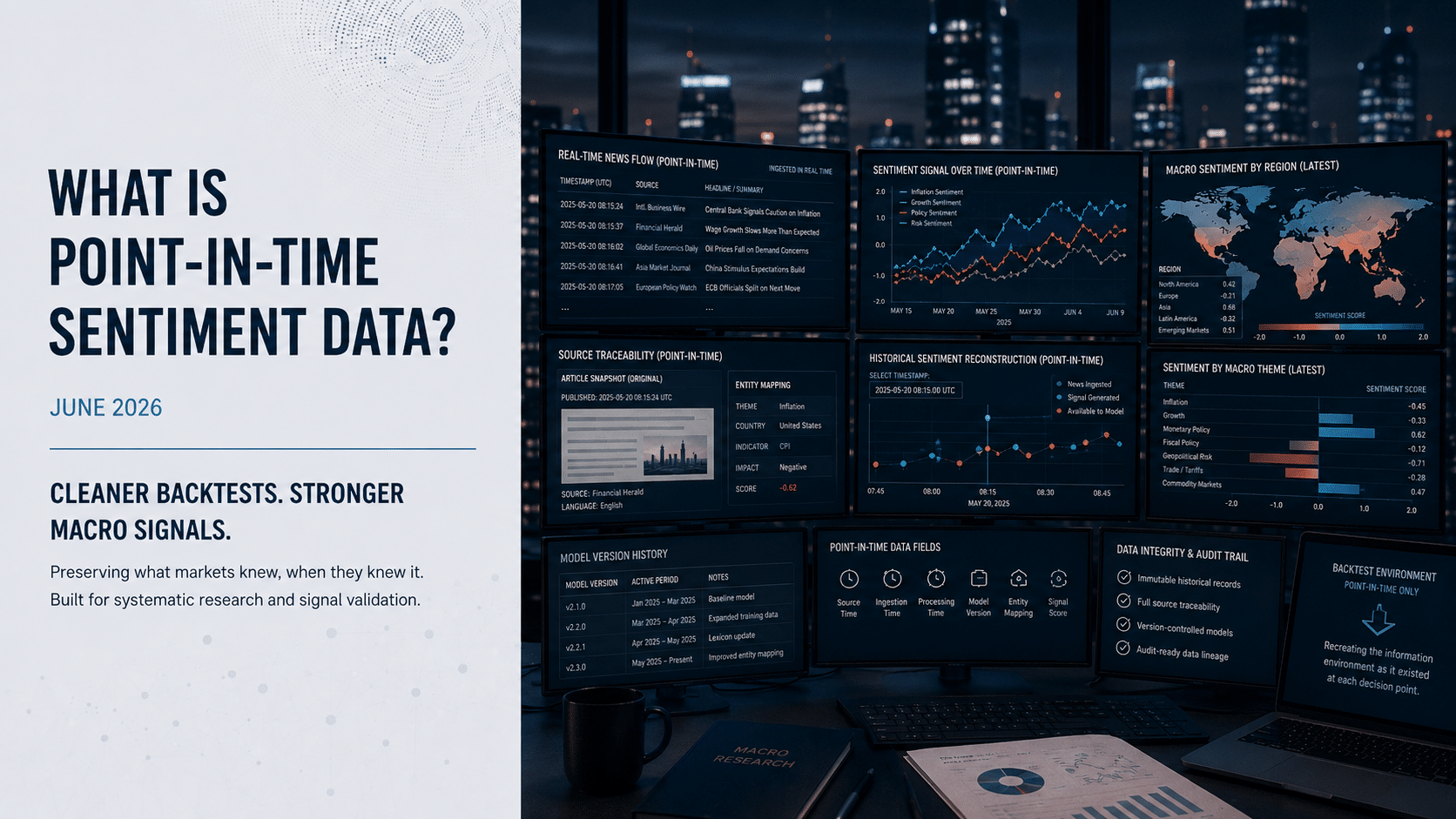 Institutional-style research cover image titled “What Is Point-in-Time Sentiment Data?” dated June 2026, featuring a pale editorial text panel on the left and a dark multi-screen analytics dashboard on the right showing timestamped news flow, sentiment signals, macro indicators and source traceability.