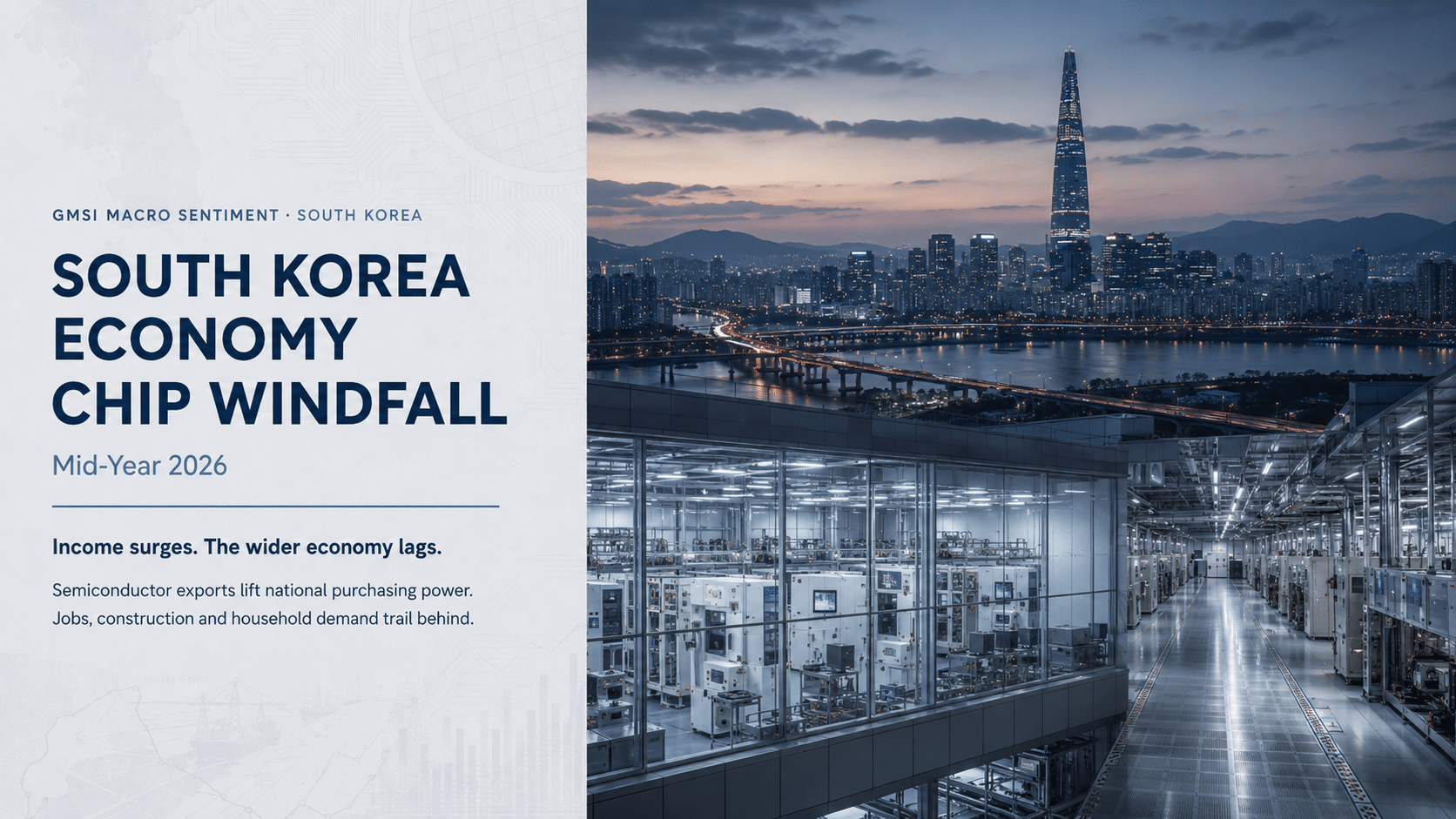 South Korea economic outlook cover showing Seoul’s skyline and a semiconductor factory, highlighting the 2026 chip export windfall and weaker domestic demand.