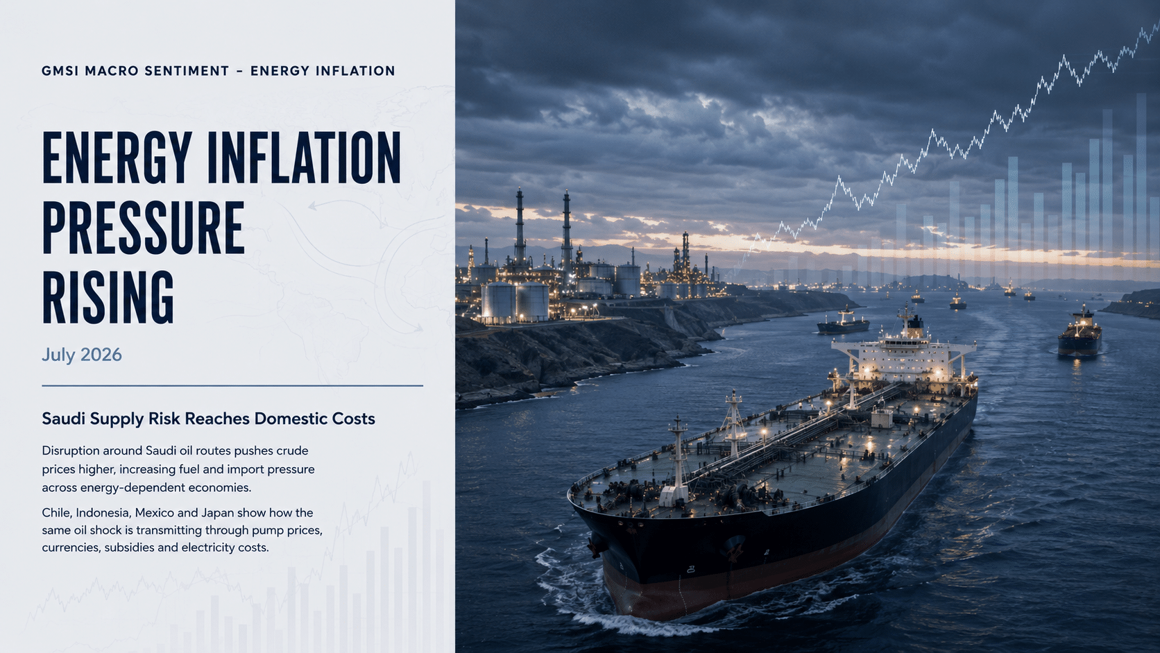 Institutional research cover showing a large oil tanker moving through a strategic shipping route near refinery infrastructure under stormy skies, with rising market-chart overlays illustrating energy inflation pressure driven by Saudi supply risk in July 2026.