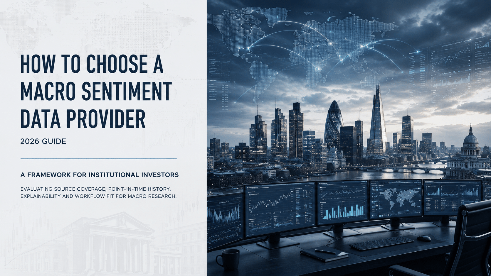 Premium institutional research cover for a 2026 guide on how to choose a macro sentiment data provider, featuring a clean editorial layout with an all-caps title alongside a cinematic global financial skyline, world map overlays, institutional trading desk and macro market intelligence visualisation.
