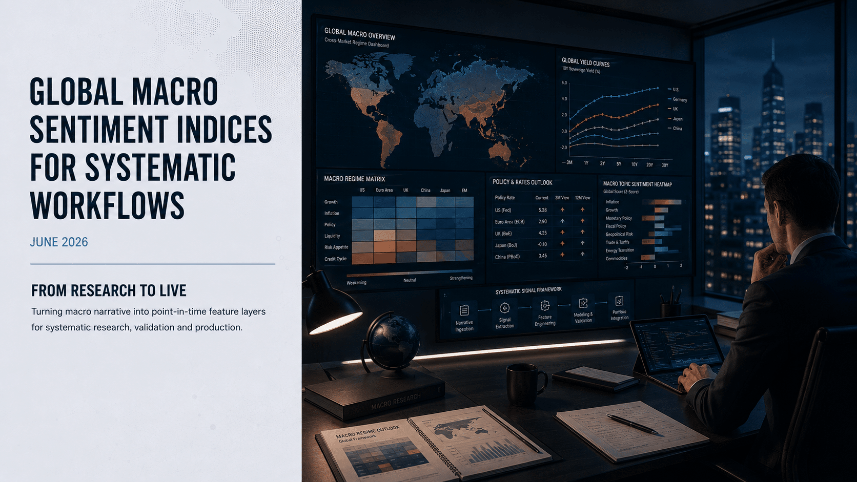 Institutional research cover slide for Permutable's Global Macro Sentiment Indices, showing a macro research desk with global market screens, yield curves, sentiment heatmaps and systematic workflow visuals beside a clean title panel.