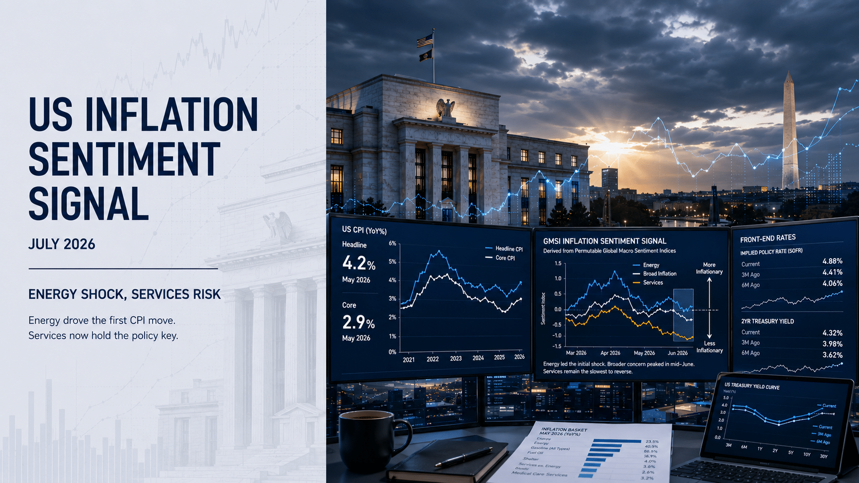 Premium institutional research cover for Permutable’s US Inflation Sentiment Signal, showing a Federal Reserve-style building, macro trading screens, CPI charts, front-end rates data and inflation sentiment analysis derived from Permutable Global Macro Sentiment Indices.