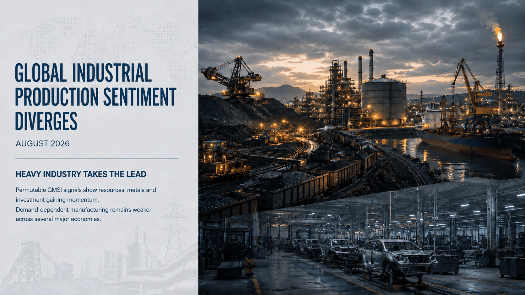 Permutable GMSI research cover showing global industrial production divergence, with active mining, energy and heavy industry contrasted against a subdued automotive factory in August 2026.