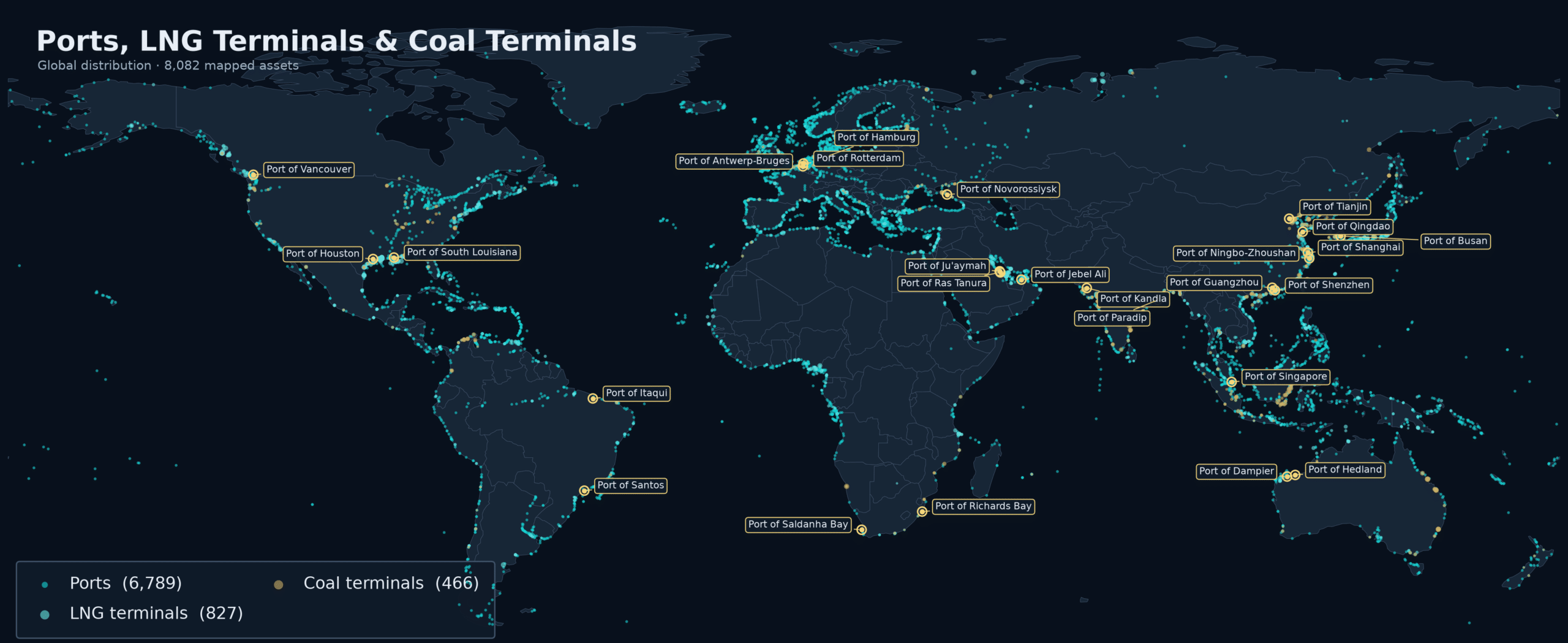 Global map of ports and terminals