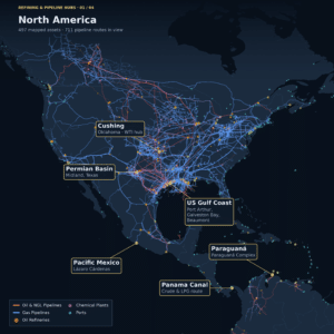North America pipeline and refinery map